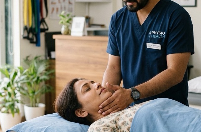 Physiotherapist assessing a patient's neck and shoulder posture